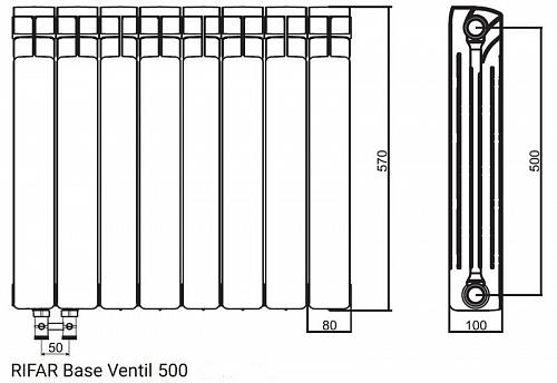 Rifar Base Ventil 500 18 секции биметаллический радиатор с нижним левым подключением